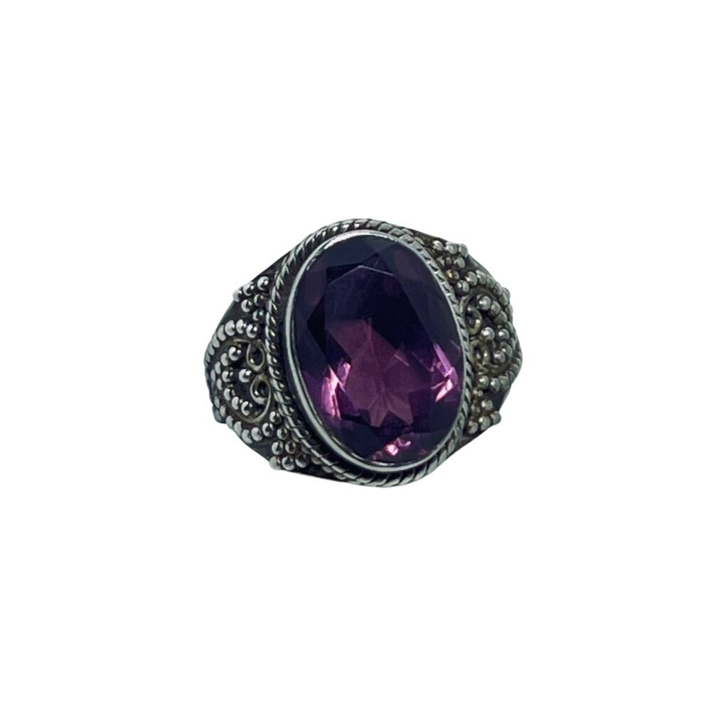 Vintage Sterling Silver Oval Pink Glass Ring Sz 6 1/2 (R137) - Picture 1 of 8